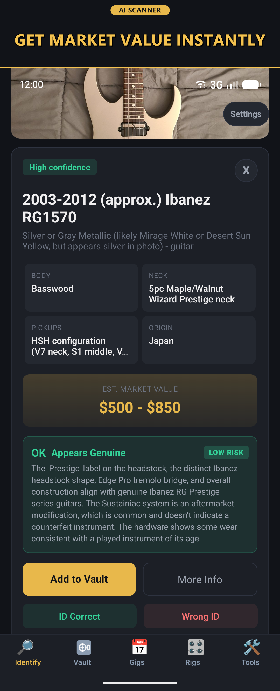 GuitarVault AI scan